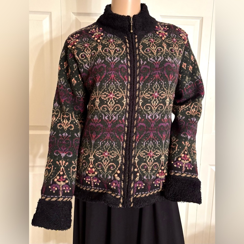 Vtg Women’s Icelandic Designs Wool Lined Zip Up Sweater Jacket Size S